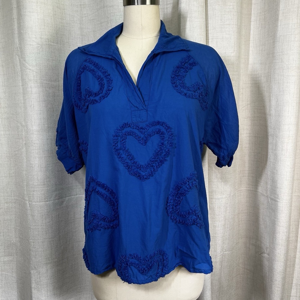 Made in Italy Blue‎ Heart Ruffle Embellished Stretch Cotton Top Blouse Sz Medium